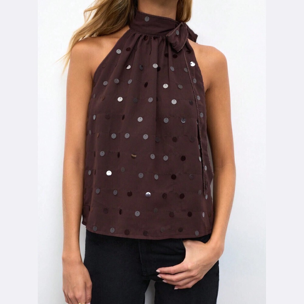 Brown Sequin Dot Tie Neck Halter Sleeveless Loose Fit Top